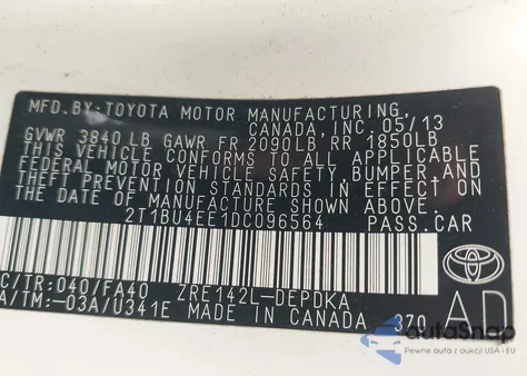 2013 Toyota Corolla L из США, поврежденный, VIN 2T1BU4EE1DC096564